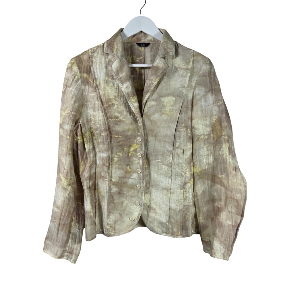 Kello Womens Earth Tone Tie Dye Button Down Shirt Crinkle Textured Blouse Tan